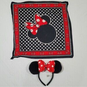 Disney Minnie Mouse Red Black Bandana Scarf and Headband Bundle